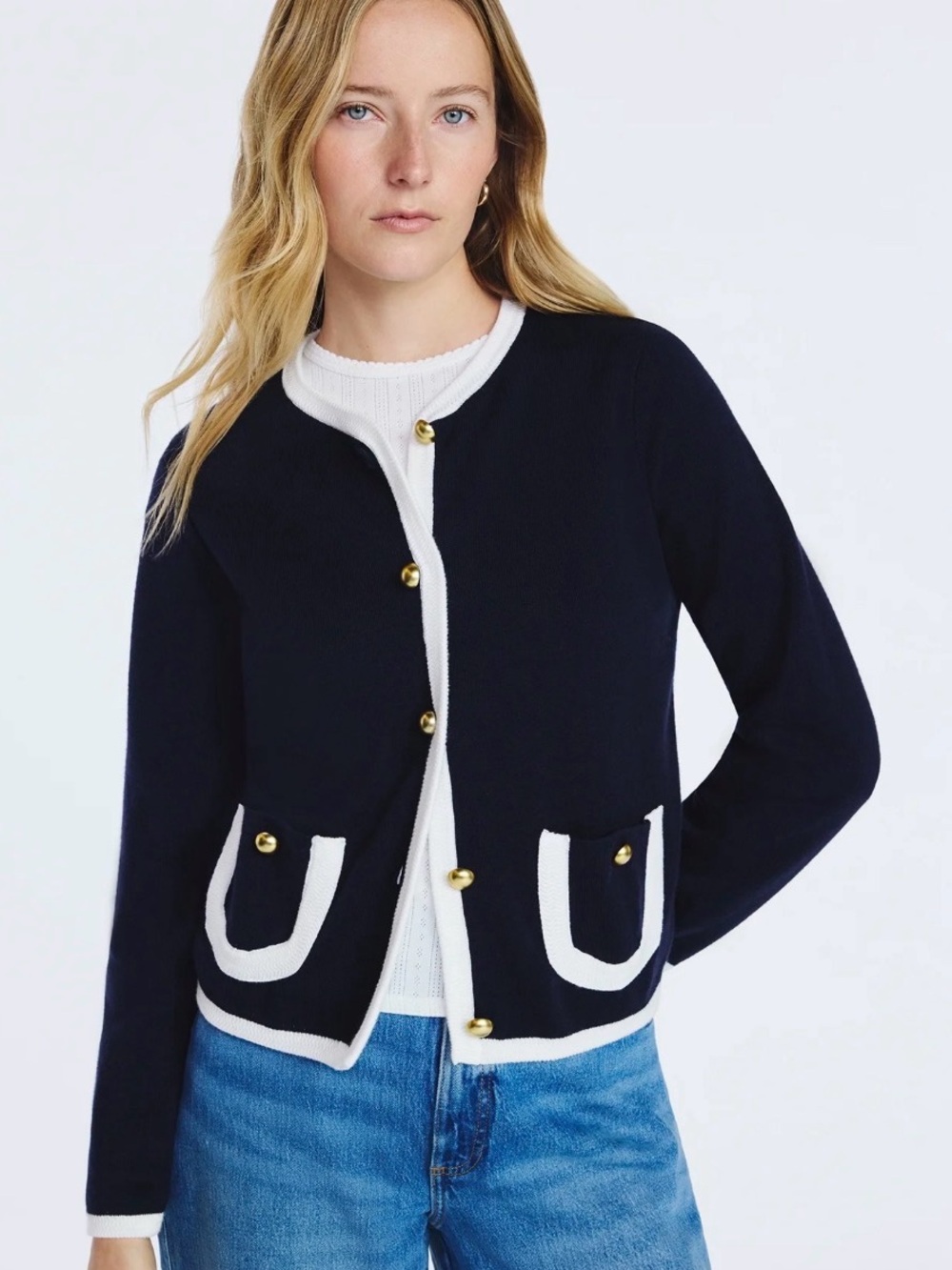 NWT free assembly Navy and White Contrast Trim Knit Cardigan Jacket Gold button
